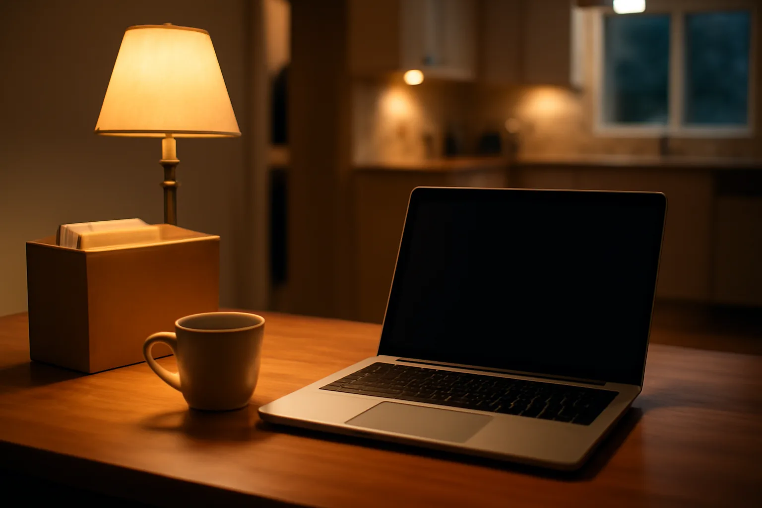 Volunteer treasurer working at a laptop at home filing paperwork in evening light