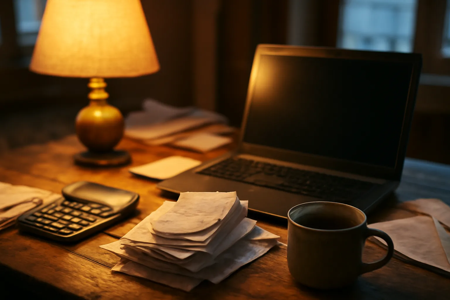 Volunteer treasurer working on laptop with receipts at kitchen table