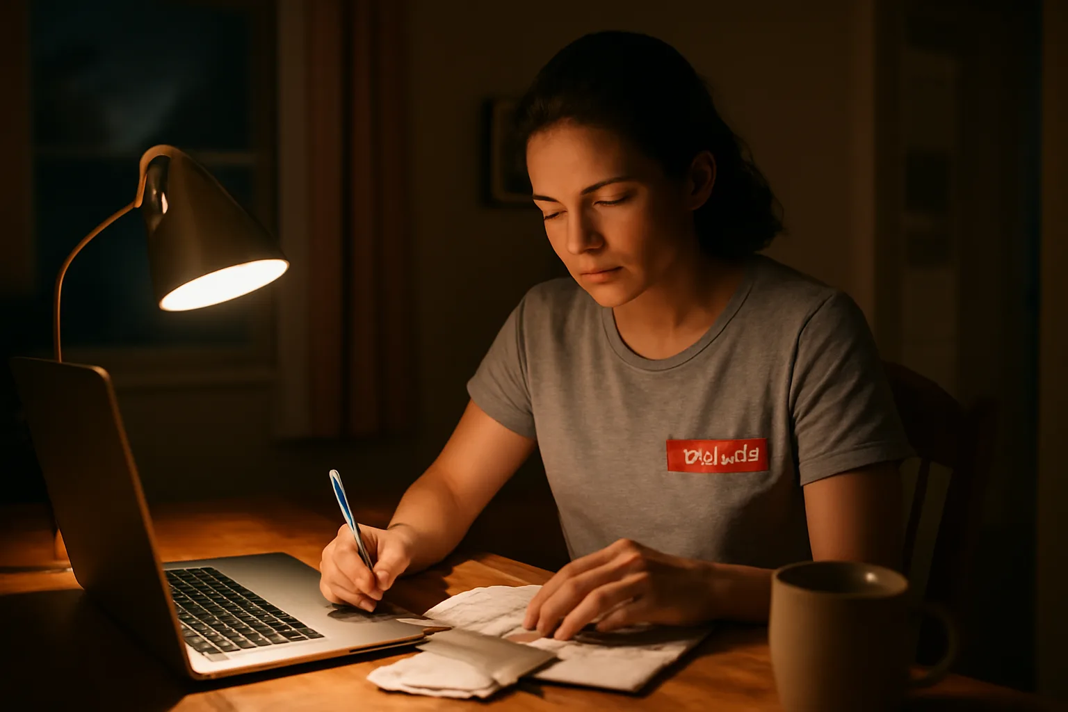 Volunteer treasurer reviewing receipts and a laptop before filing form 990-N postcard