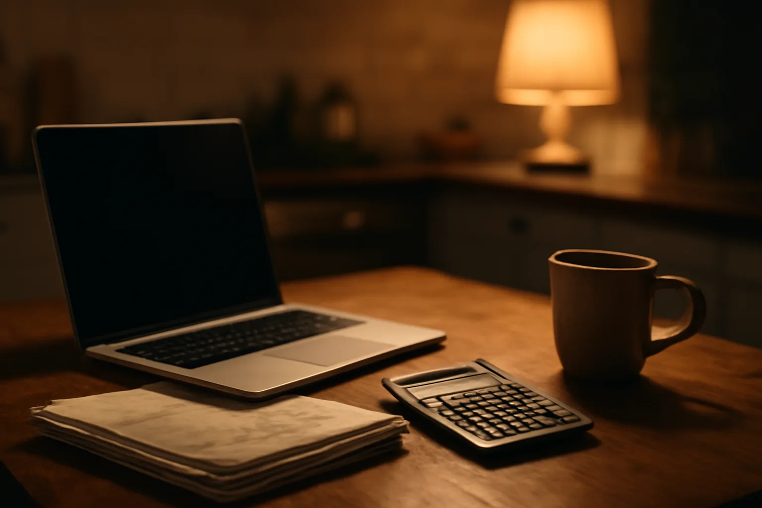 Volunteer treasurer's desk at night with laptop, statements, and calculator for 990 filing