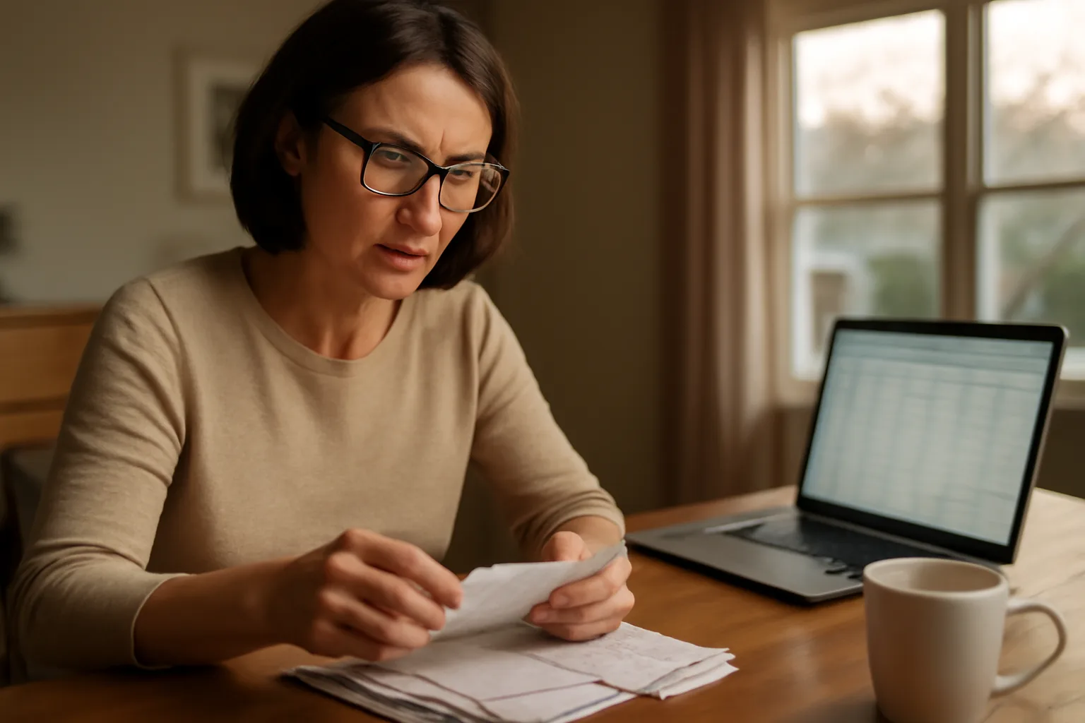 Volunteer treasurer reviewing financial records at home while researching a nonprofit filing database