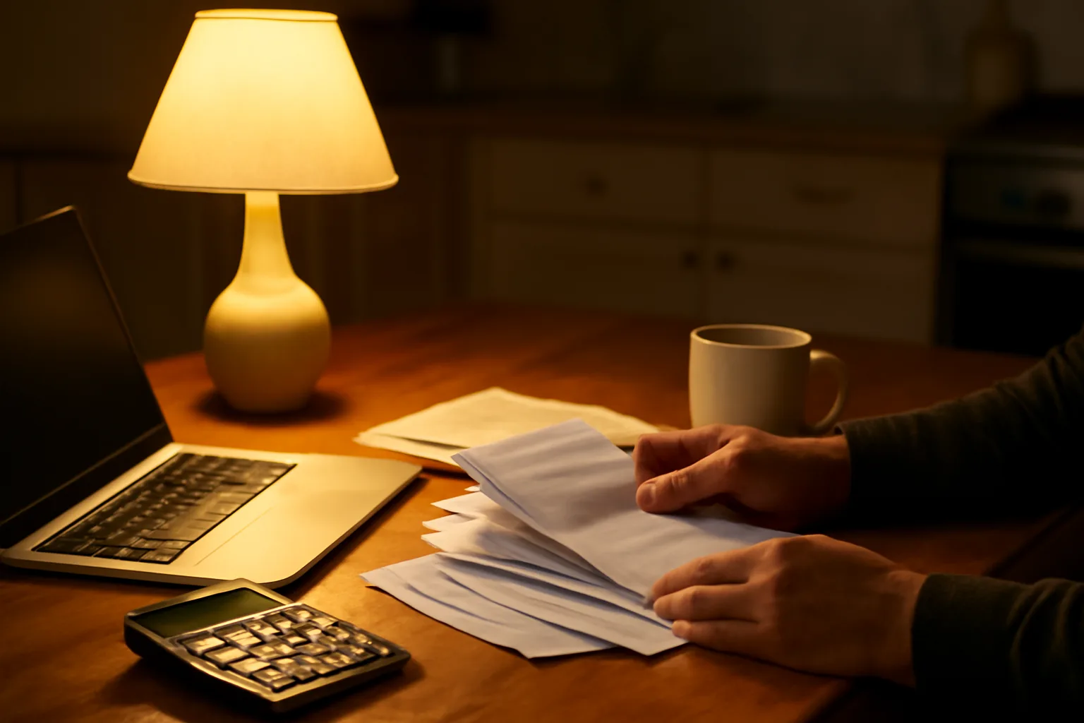 Volunteer treasurer reviewing financial paperwork and a laptop at a kitchen table at night