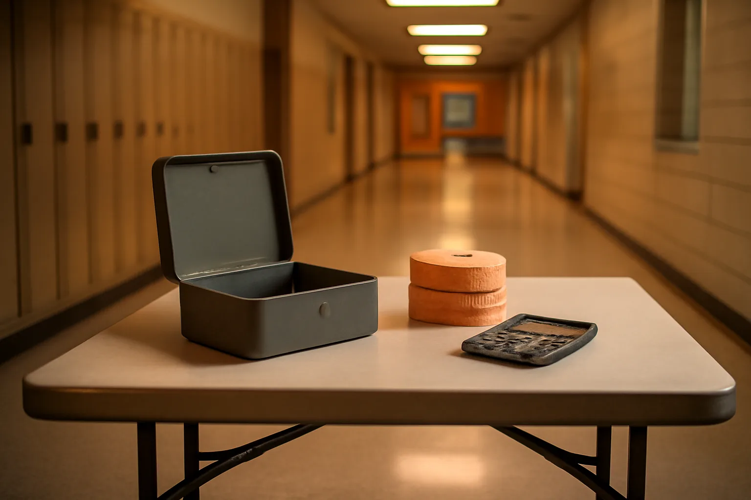 Volunteer treasurer's cash box and calculator on a folding table before form 990 filing season
