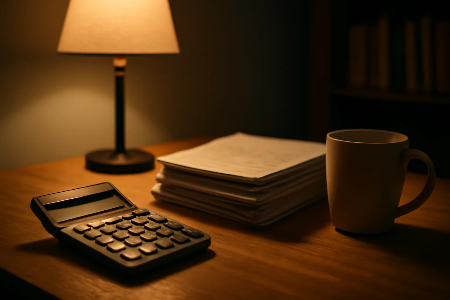Volunteer treasurer working late at a desk with a calculator and bank statements