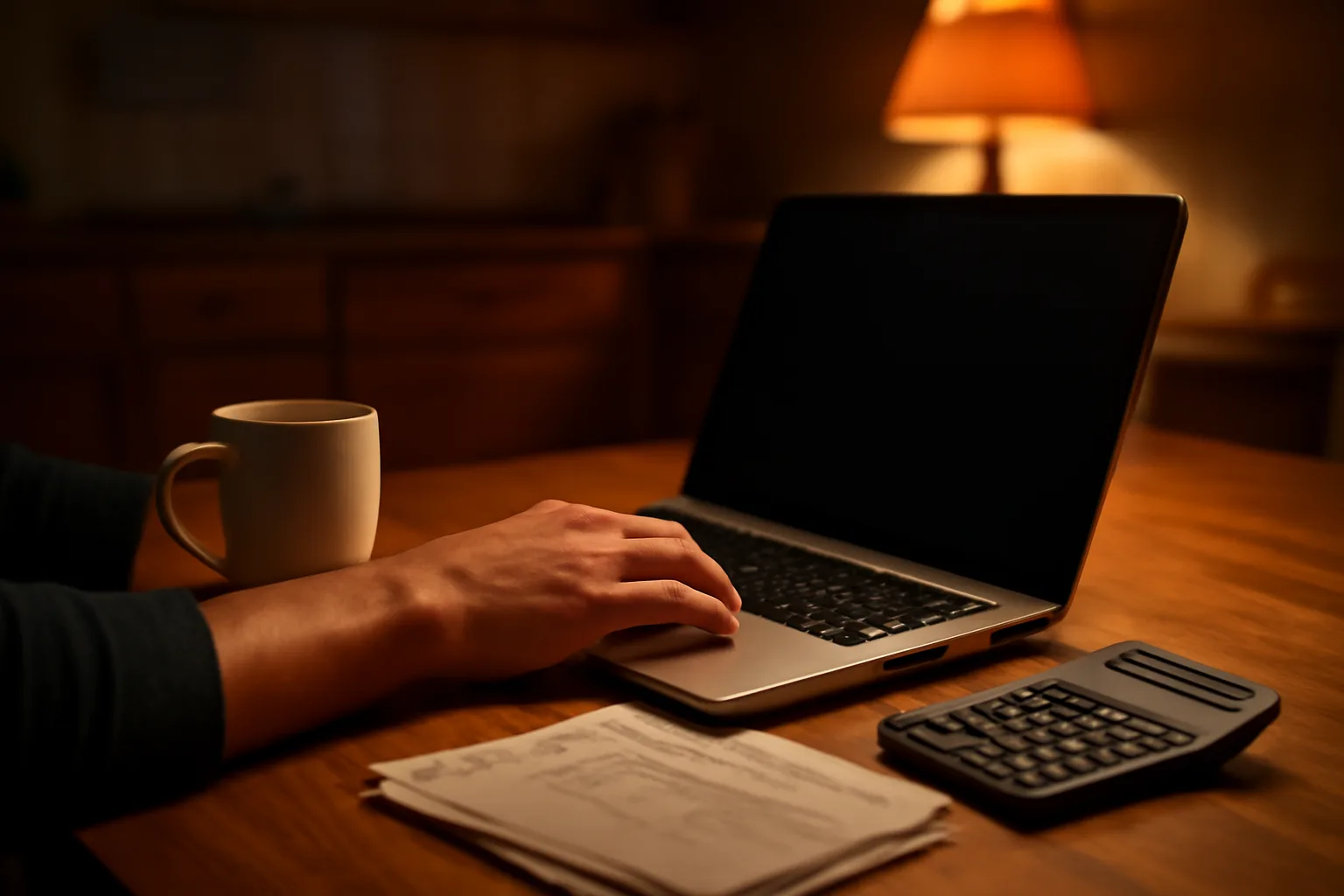 Volunteer treasurer working at a kitchen table laptop filing nonprofit paperwork at night