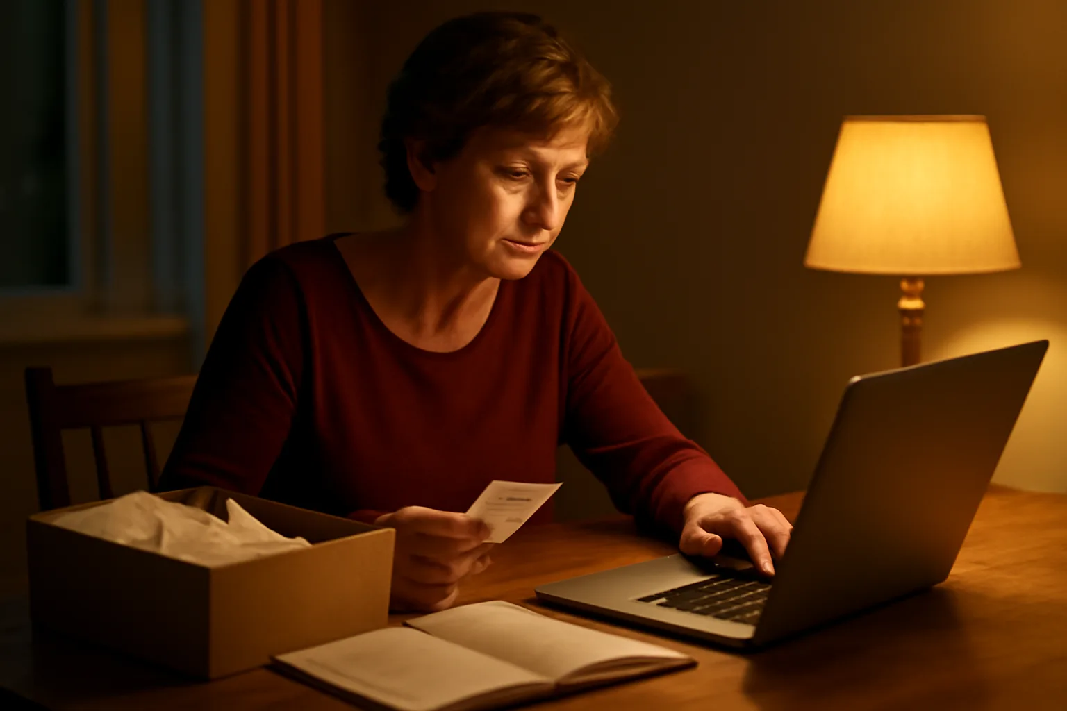 Volunteer treasurer working on Form 990-N postcard filing at home with laptop and receipts