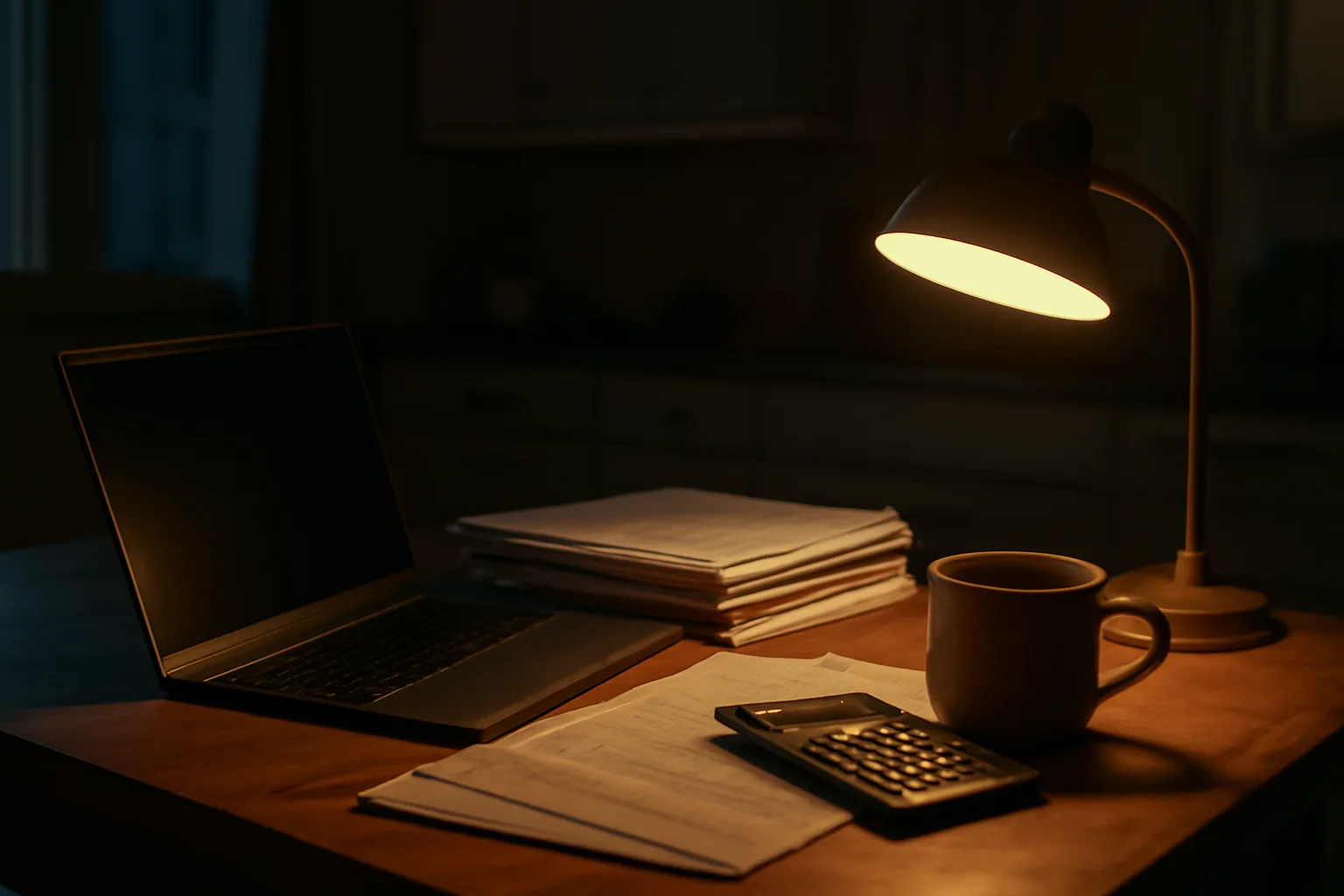 Volunteer treasurer's kitchen table workspace preparing form 990 online filing at night