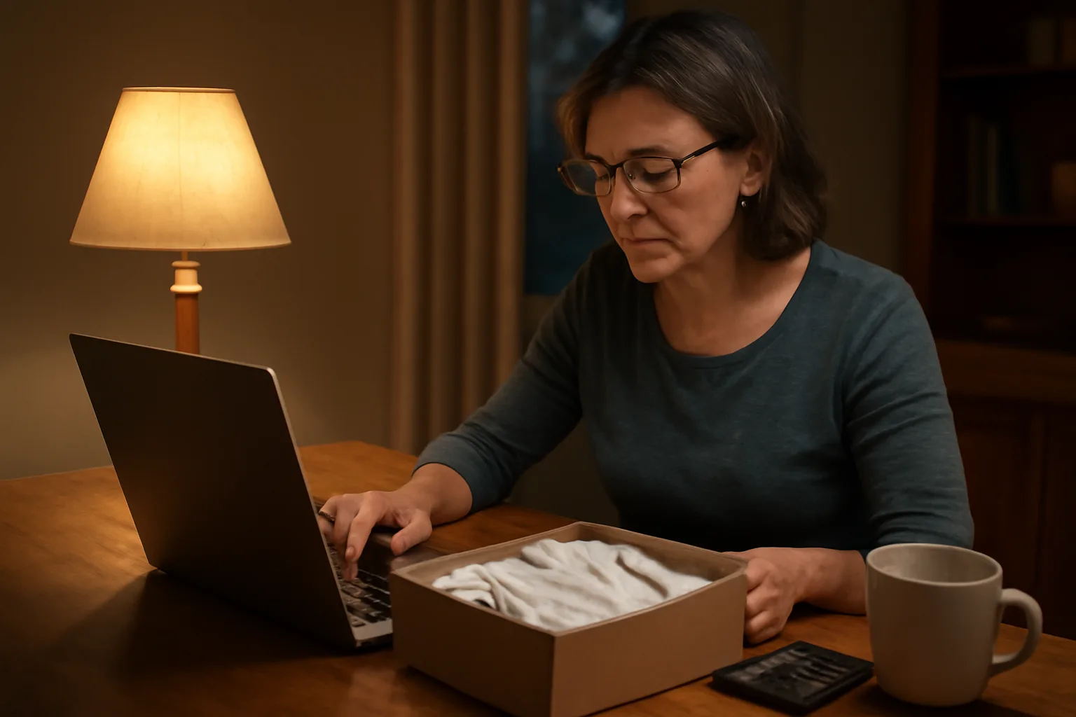 Volunteer treasurer working on laptop at kitchen table with receipts and calculator