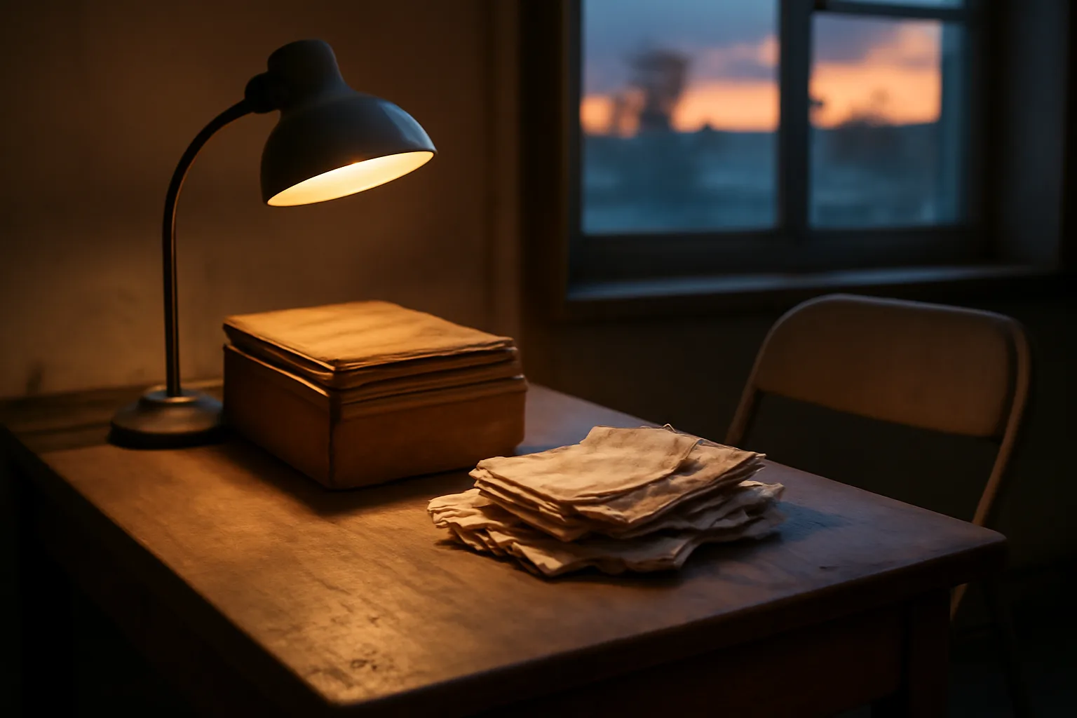 Desk with old ledgers and receipts representing a booster club treasurer handoff and 990 filing records