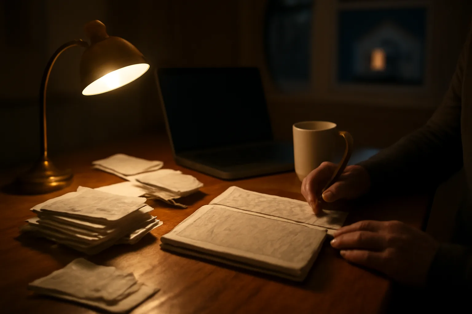 volunteer treasurer reviewing paper receipts and a ledger at a kitchen table at night