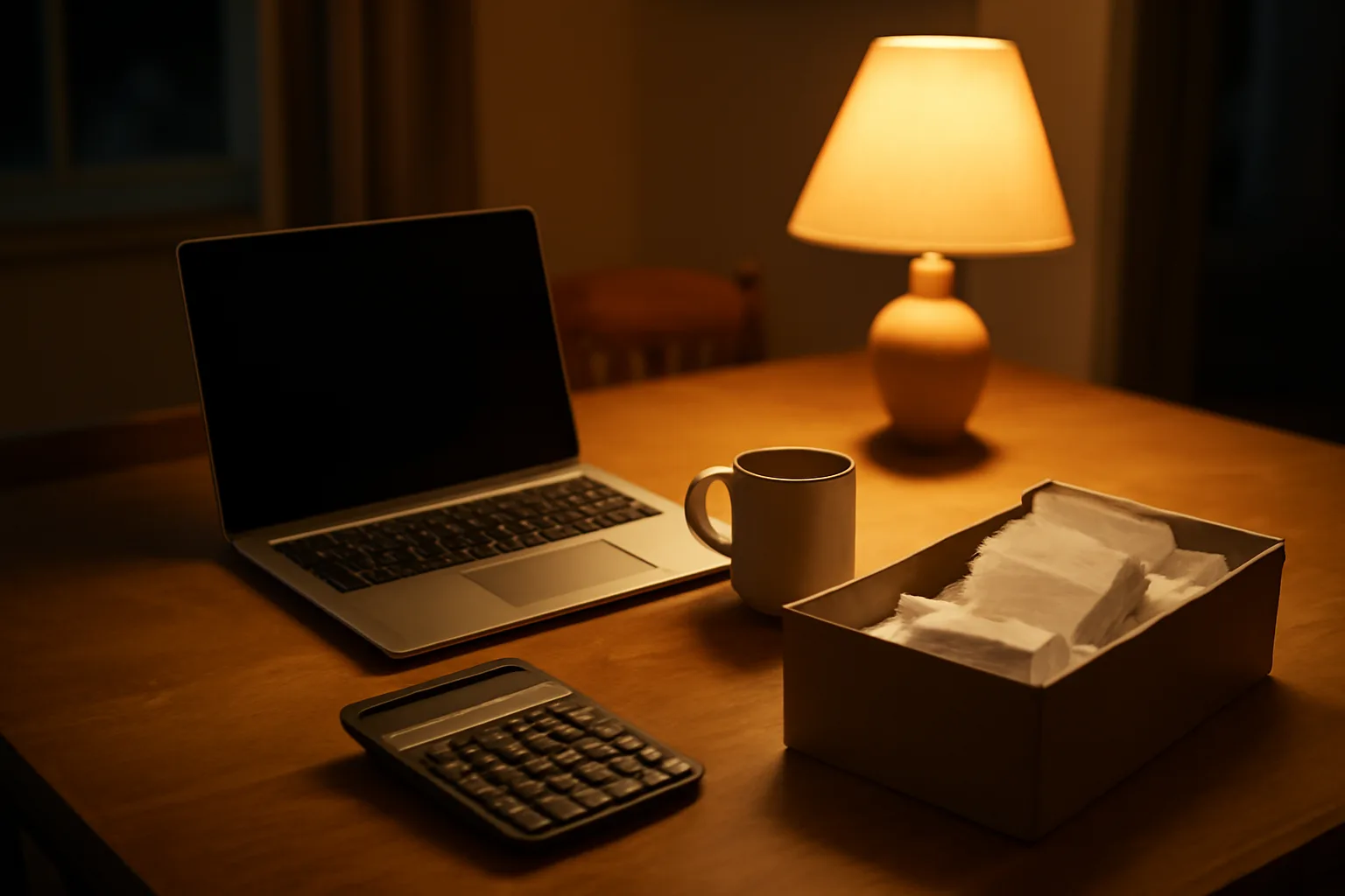 Volunteer treasurer's kitchen table workspace with laptop, receipts, and coffee at night