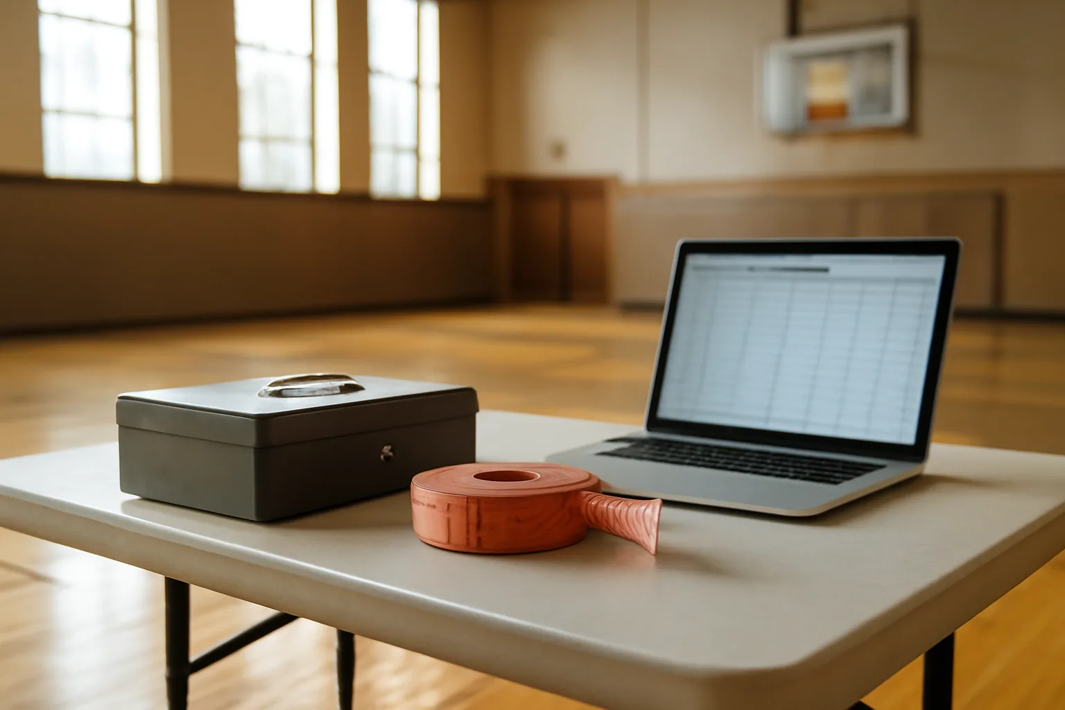 Volunteer treasurer table with raffle tickets, cash box, and laptop at a school fundraiser