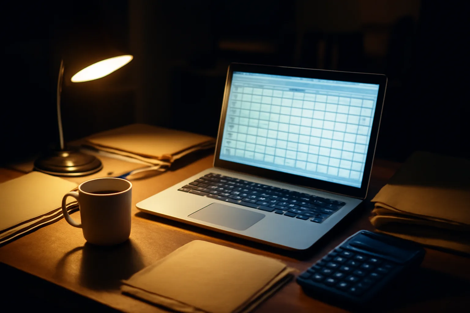 Volunteer treasurer's desk at night while checking nonprofit filing records on a laptop