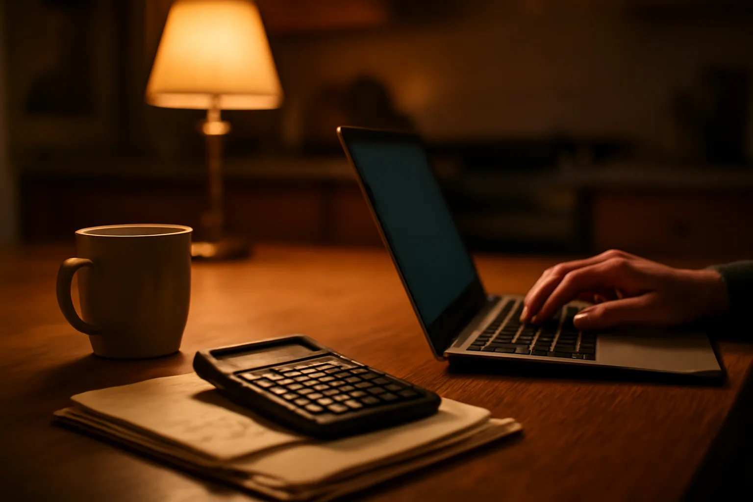 Volunteer treasurer filing paperwork on a laptop at a kitchen table at night