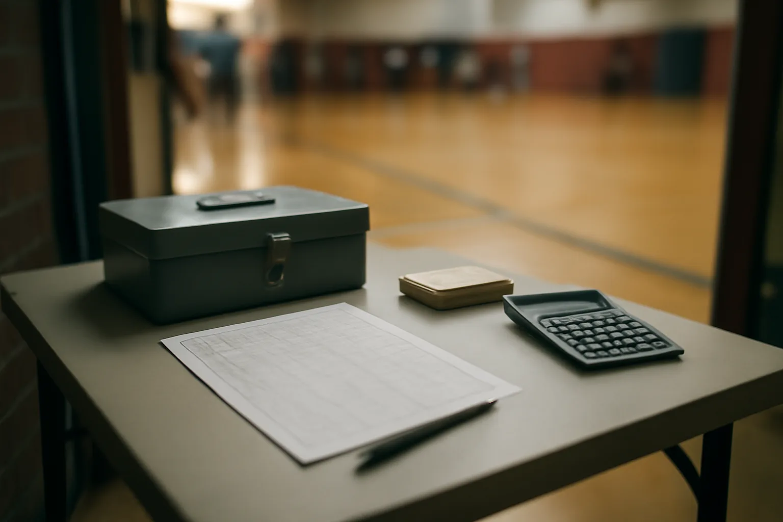 Volunteer treasurer's cash box and count sheet at a booster club fundraiser table
