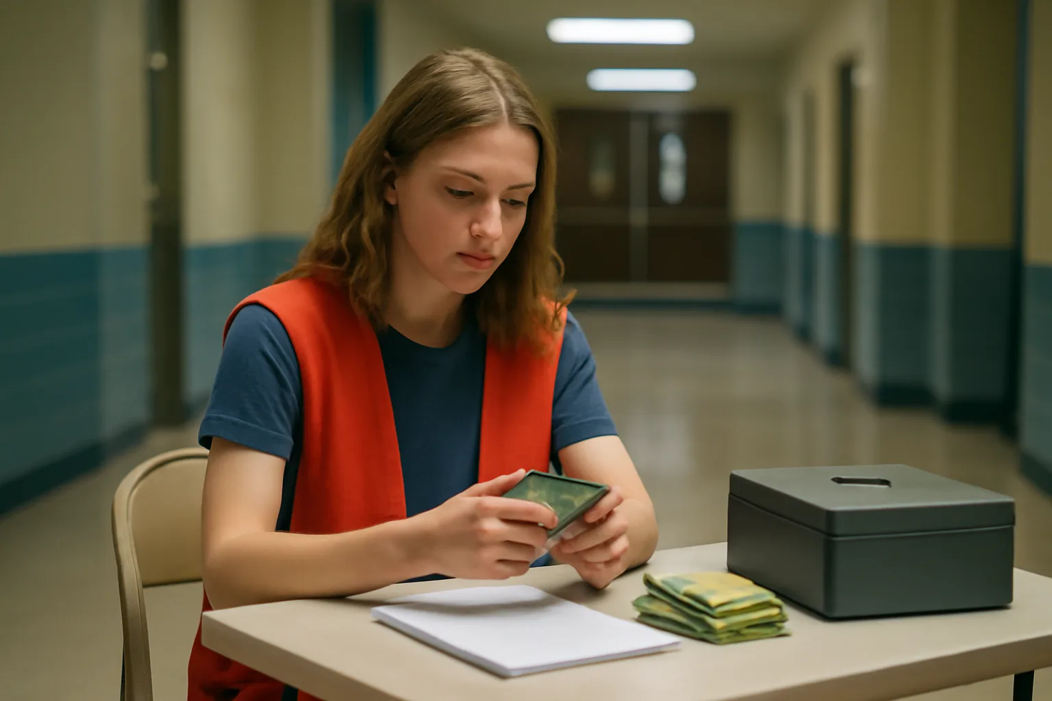 Volunteer treasurer counting cash and recording totals at a folding table