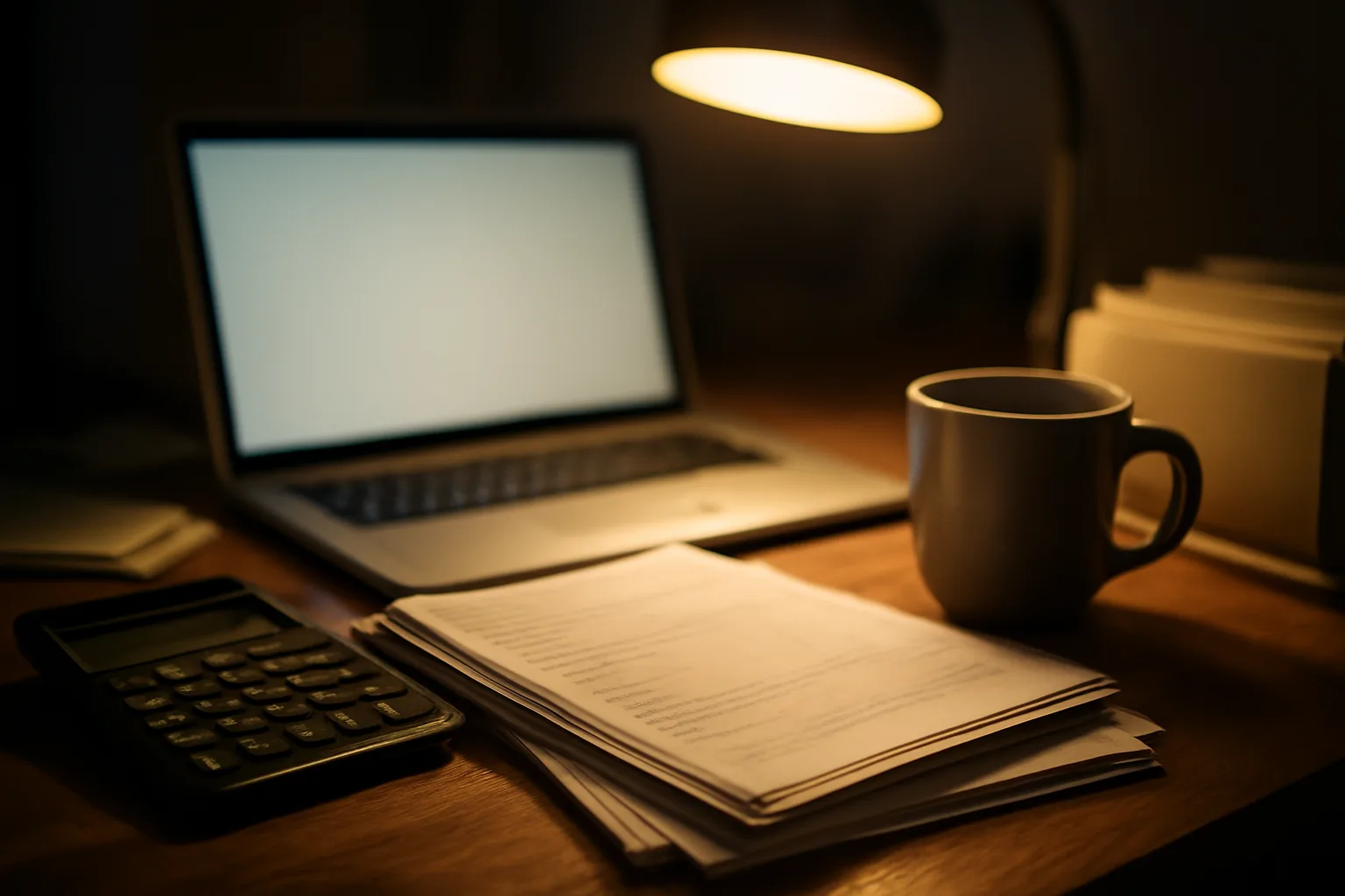 Volunteer treasurer's desk at night with laptop, bank statements, and calculator while filing form 990-ez