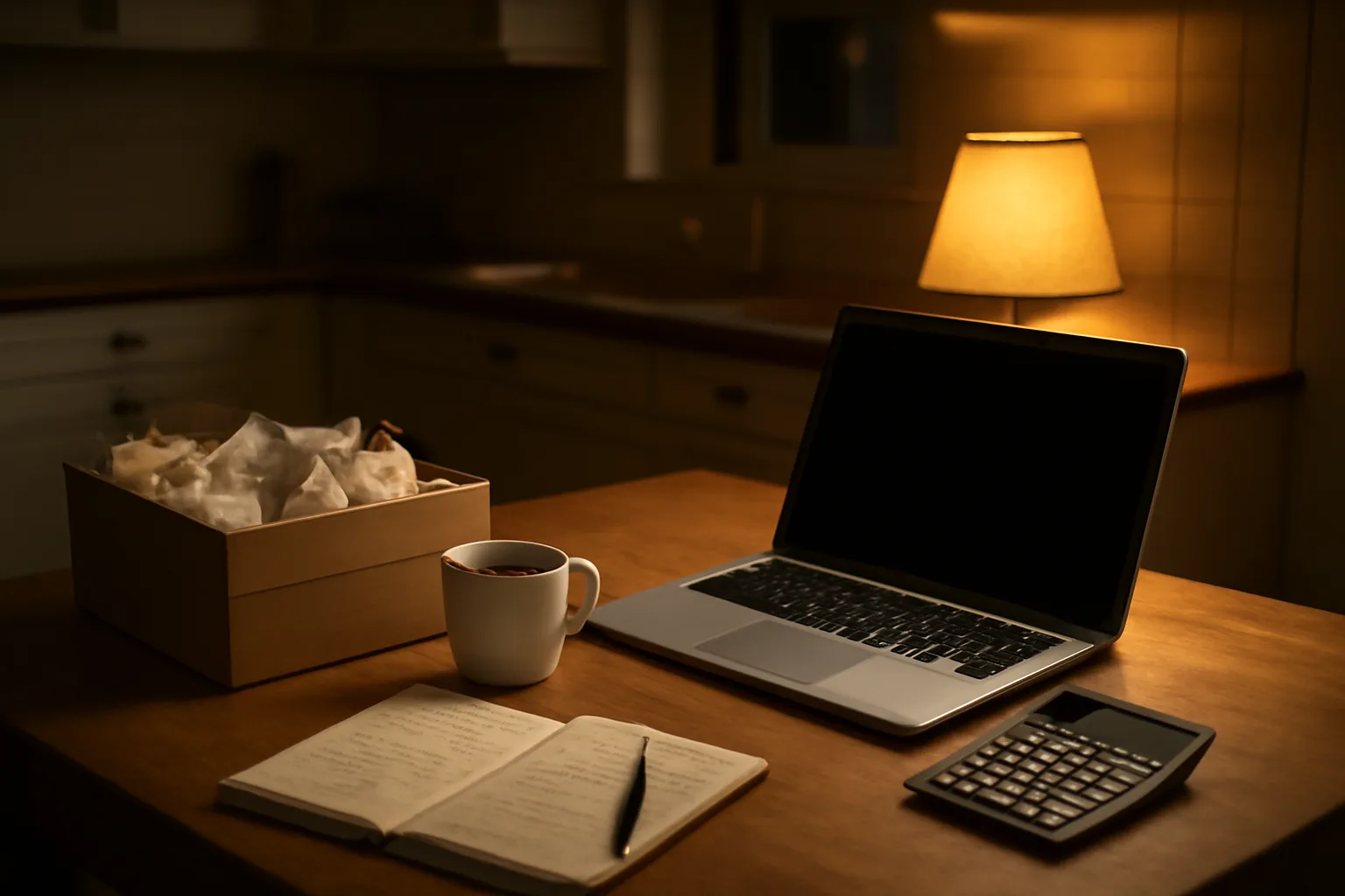 Volunteer treasurer working late at a kitchen desk on nonprofit tax filing paperwork