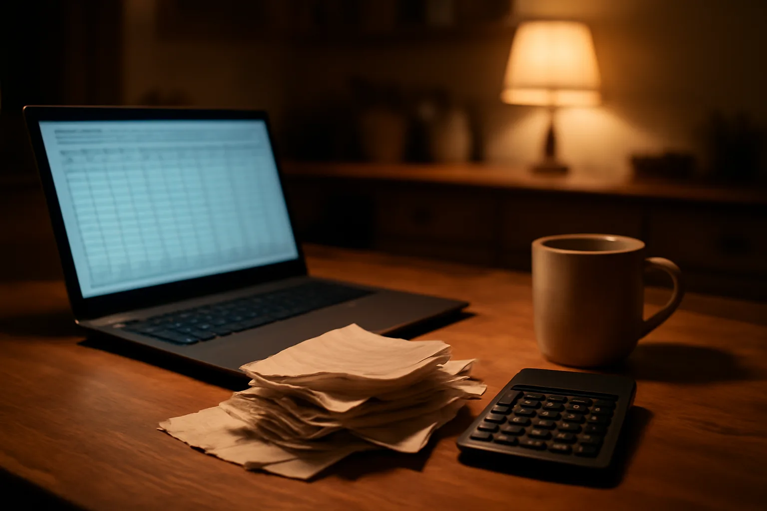 Volunteer treasurer's kitchen table with laptop, receipts, and calculator at night