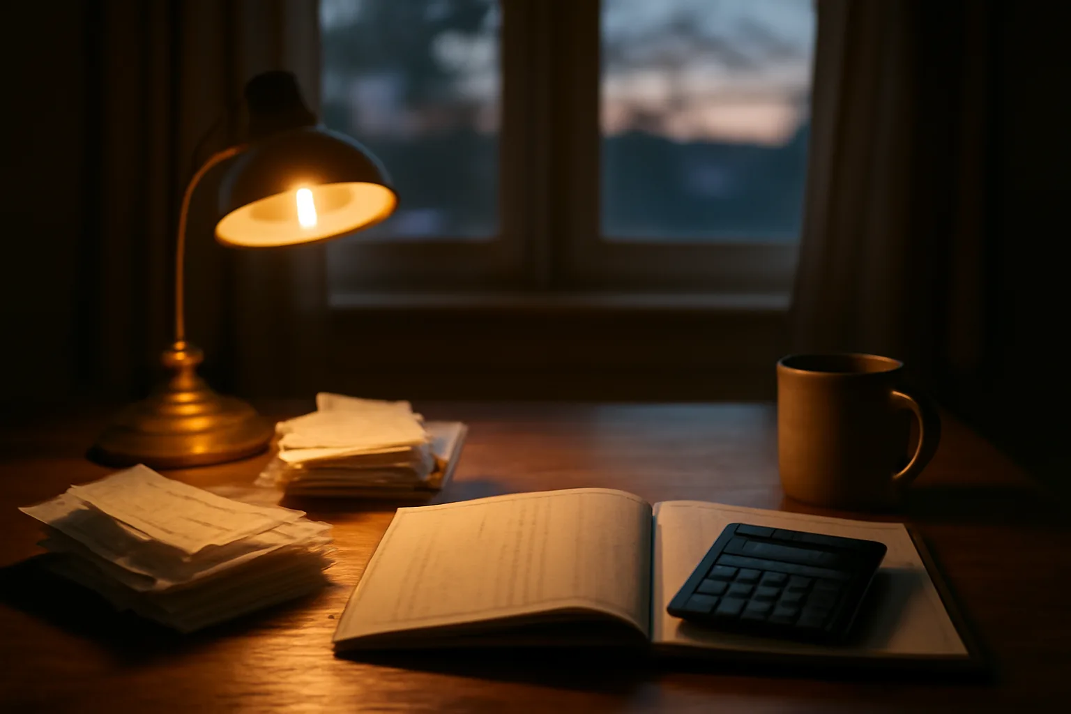 Treasurer's desk with receipts, ledger, and calculator lit by a lamp