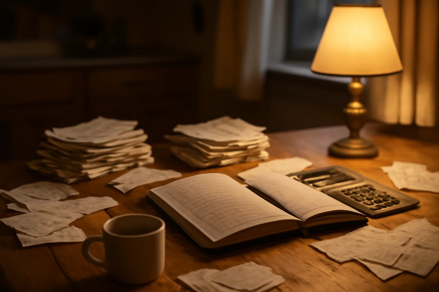 Treasurer's desk with receipts, calculator, and ledger for Form 990 recordkeeping