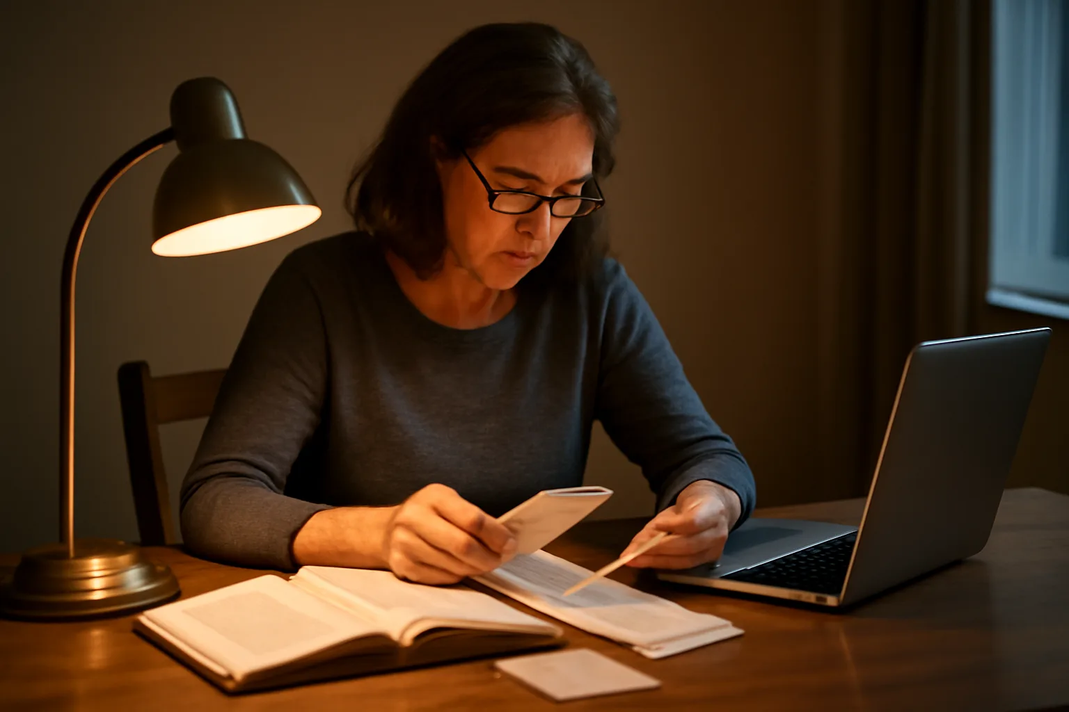 Volunteer treasurer reviewing receipts and a ledger while preparing IRS 990-EZ instructions paperwork