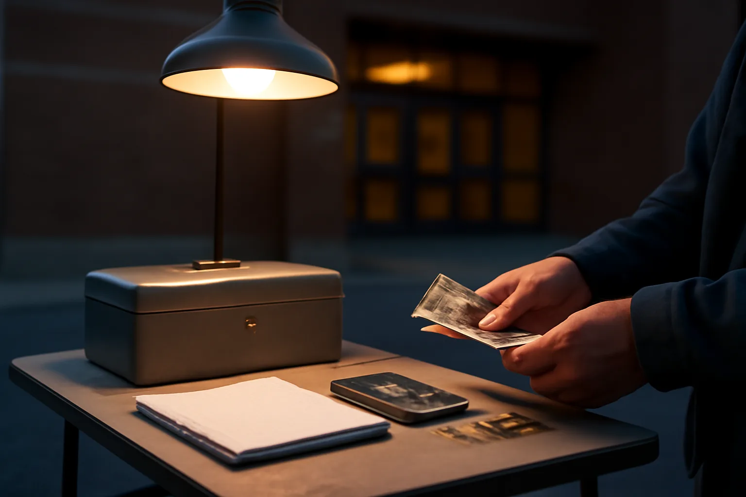 Volunteer treasurer counting cash and coins at a folding table after a school fundraiser