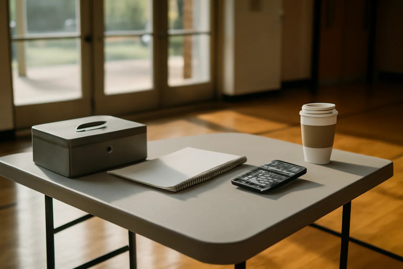 Treasurer's table with ledger and cash box before a booster club fundraiser