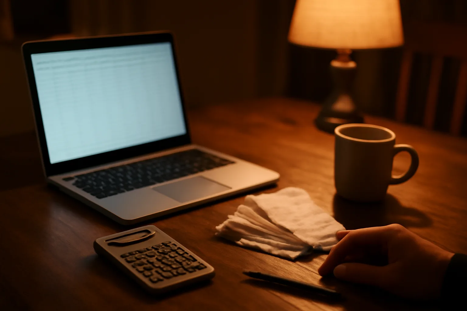 Volunteer treasurer reviewing financial records and a laptop at a kitchen table at night