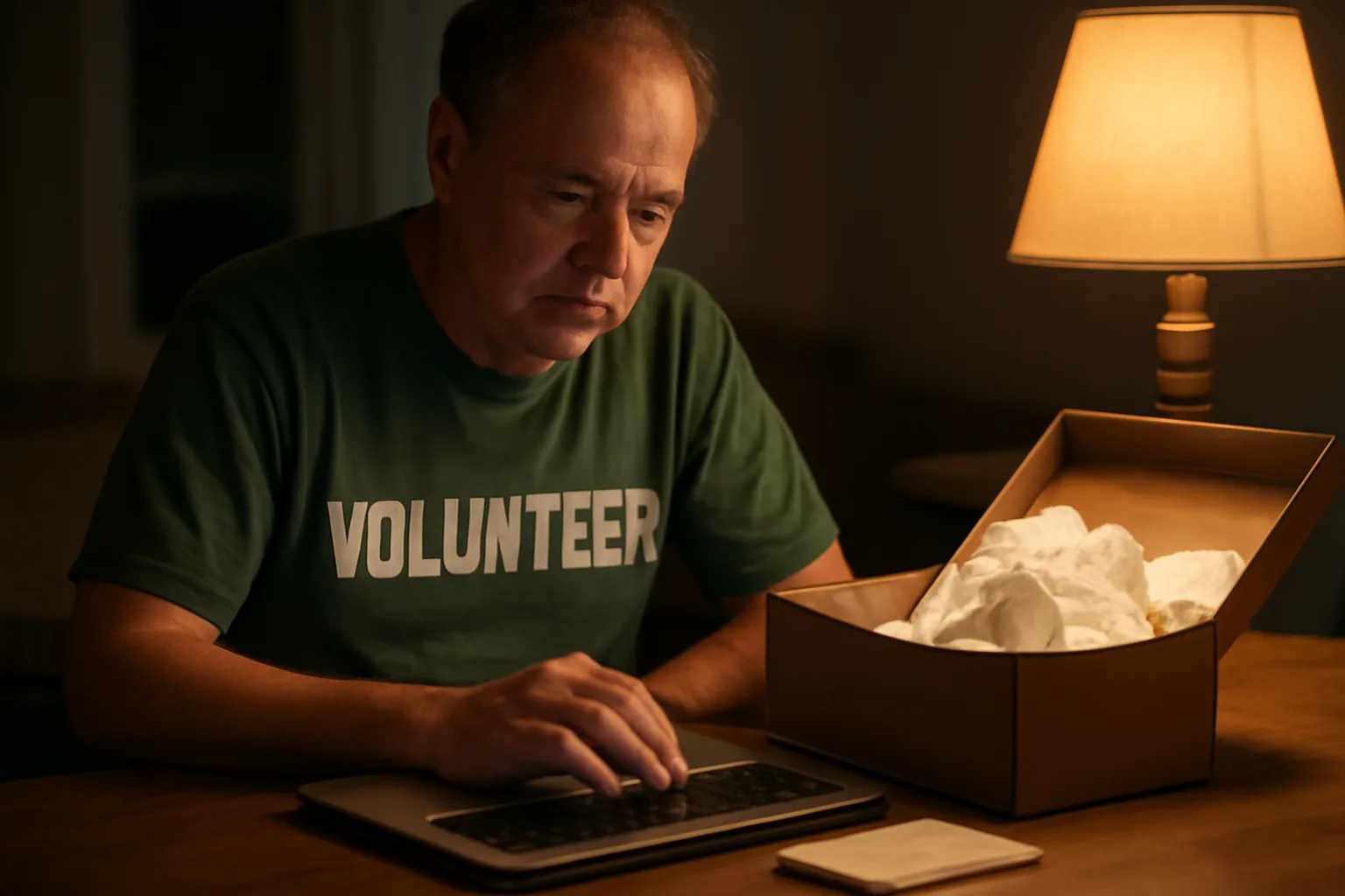 Volunteer treasurer reviewing receipts and a laptop at a kitchen table at night