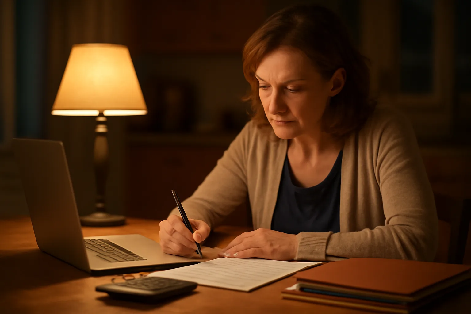 Volunteer nonprofit treasurer reviewing bank statements at a kitchen table at night
