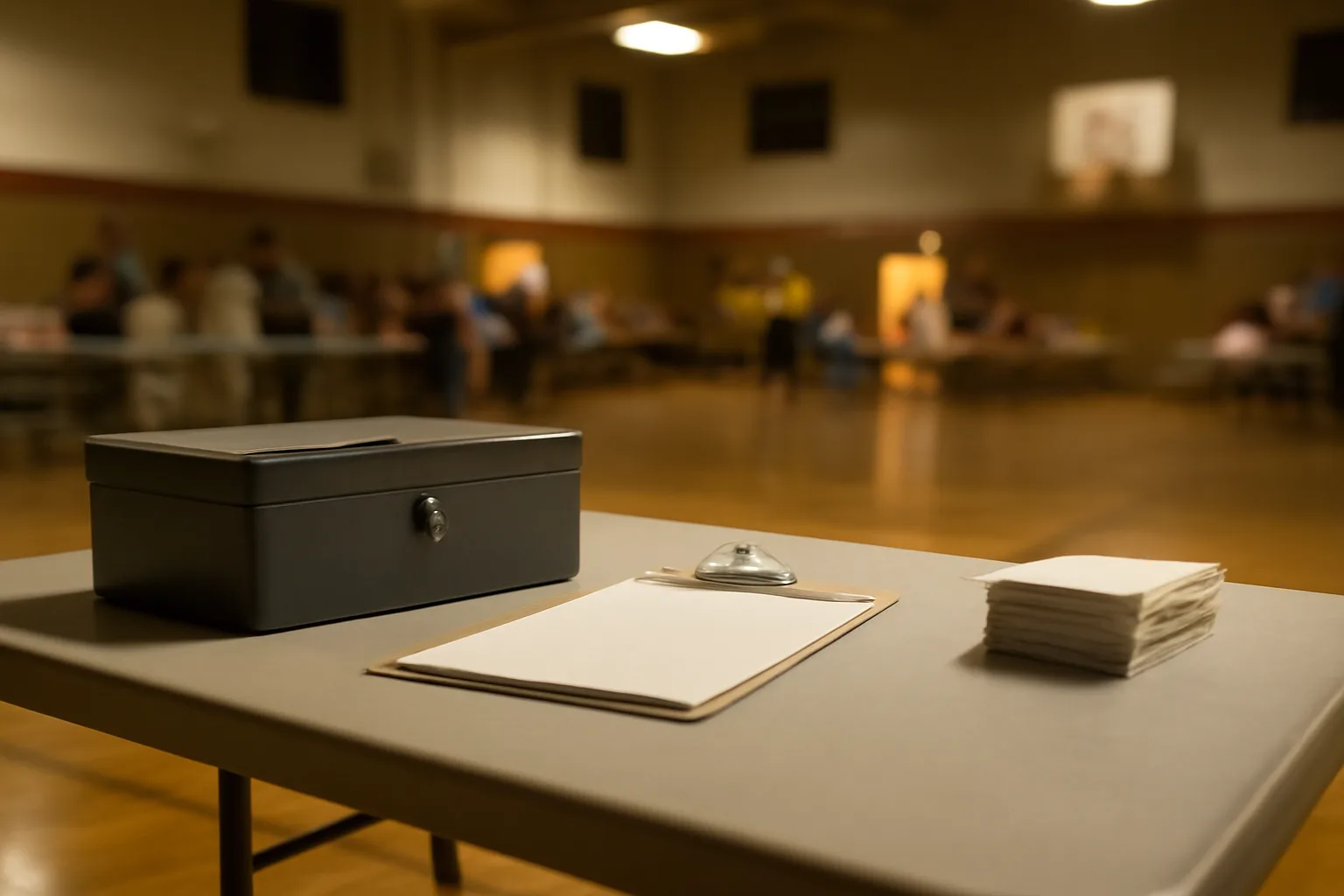 Cash box and receipts on a folding table at a school booster club fundraiser