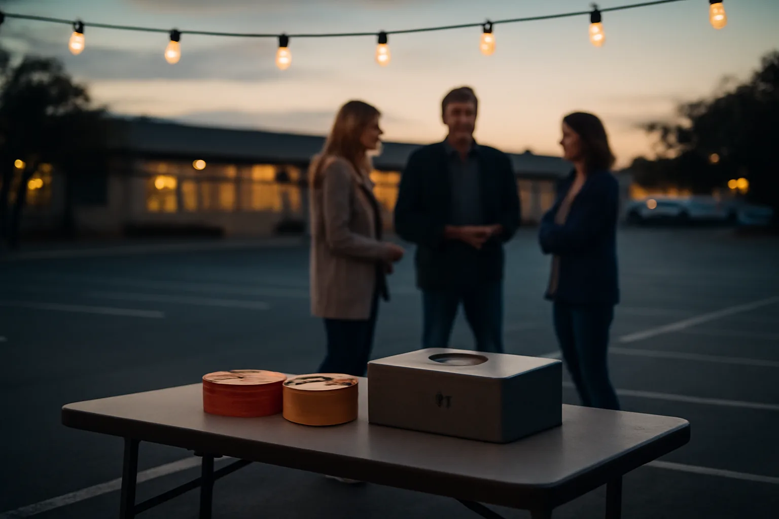 Volunteers at a folding table running a booster club raffle in a parking lot at dusk