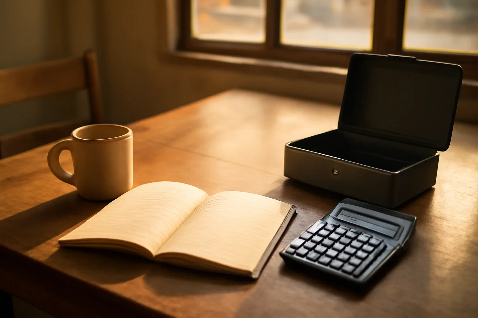Desk with ledger, calculator, and open cash box representing nonprofit treasurer duties