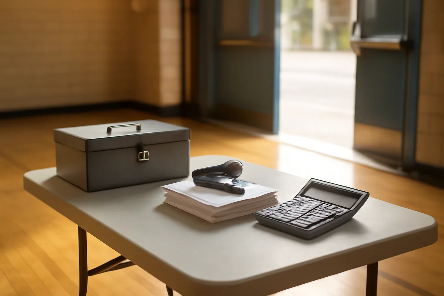 cash box, receipts, and calculator on a folding table, representing nonprofit treasurer duties