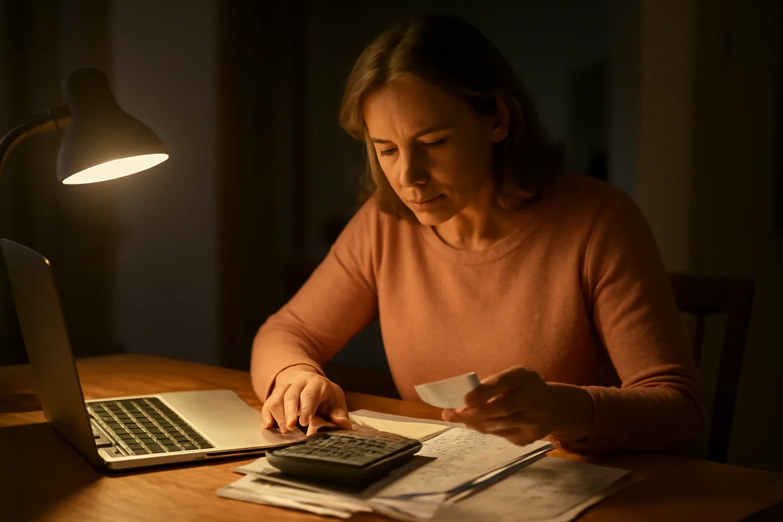 volunteer treasurer reviewing receipts and bank statements at a kitchen table at night