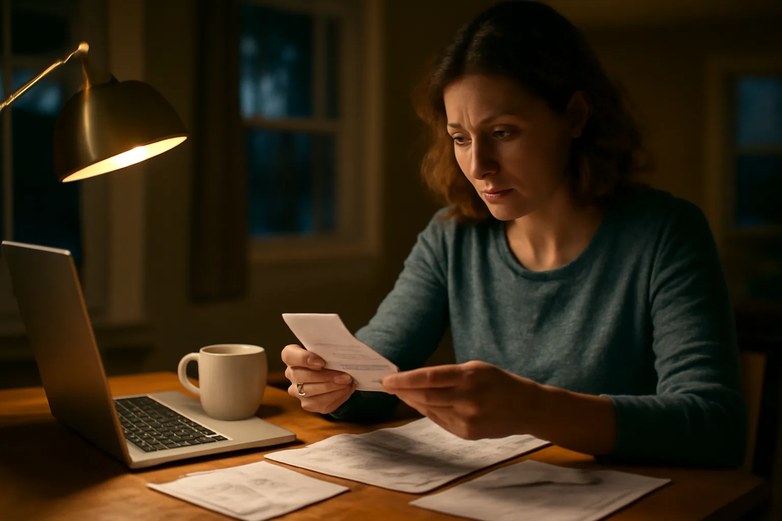 volunteer treasurer sorting receipts and bank statements at a kitchen table at night