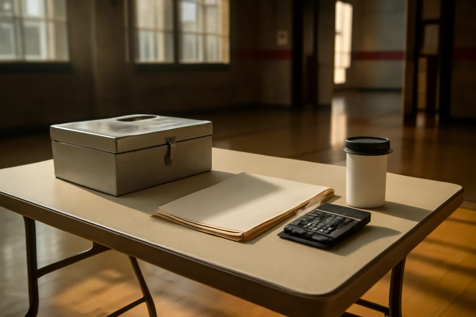 Volunteer treasurer's table with cash box and ledger sheets at a school gym fundraiser