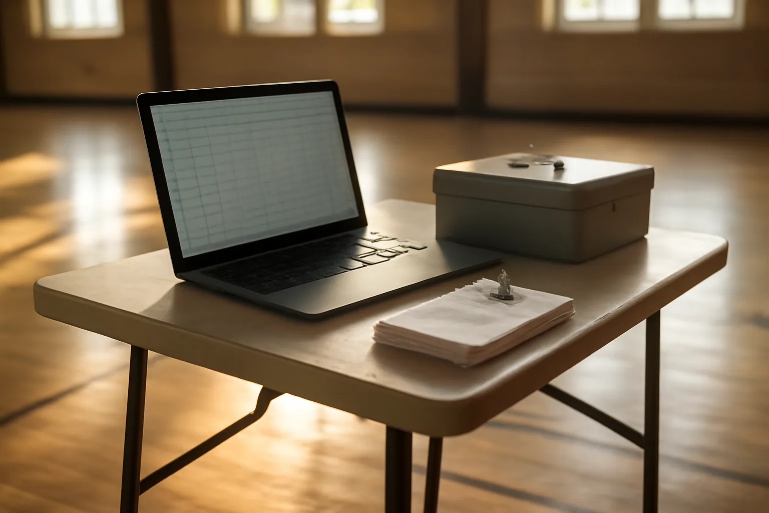 Treasurer's table with laptop, cash box, and receipts for a nonprofit treasurer report