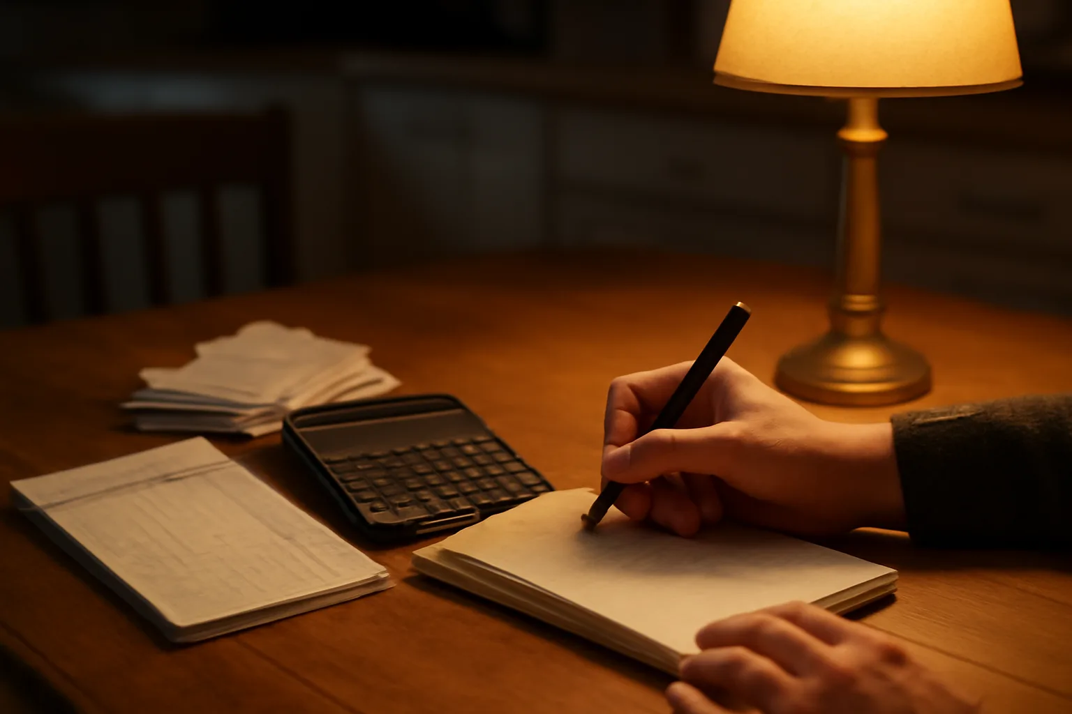 Volunteer treasurer reconciling receipts and a ledger at a kitchen table at night