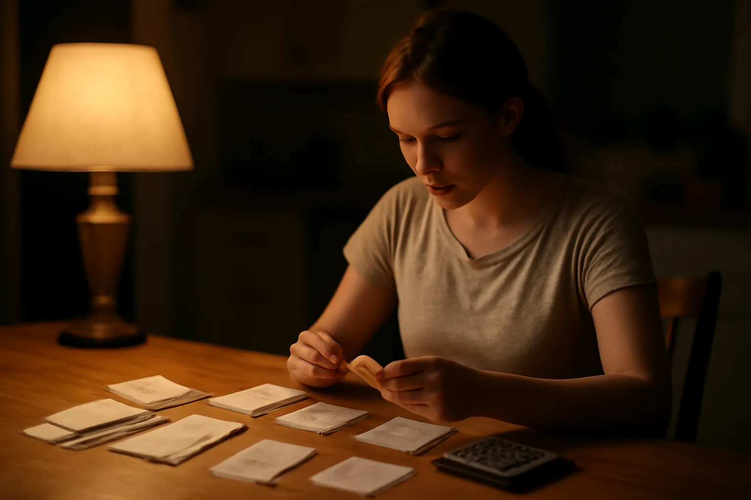 Volunteer treasurer sorting receipts and reconciling a checkbook at a kitchen table
