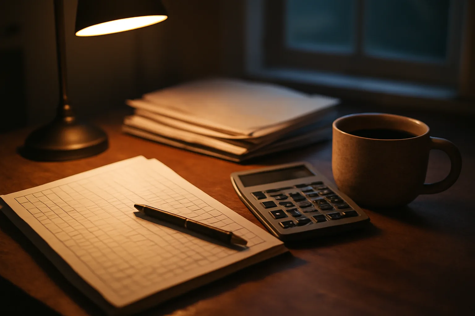 Treasurer's desk at night with ledger, calculator, and bank statements for nonprofit tax form prep