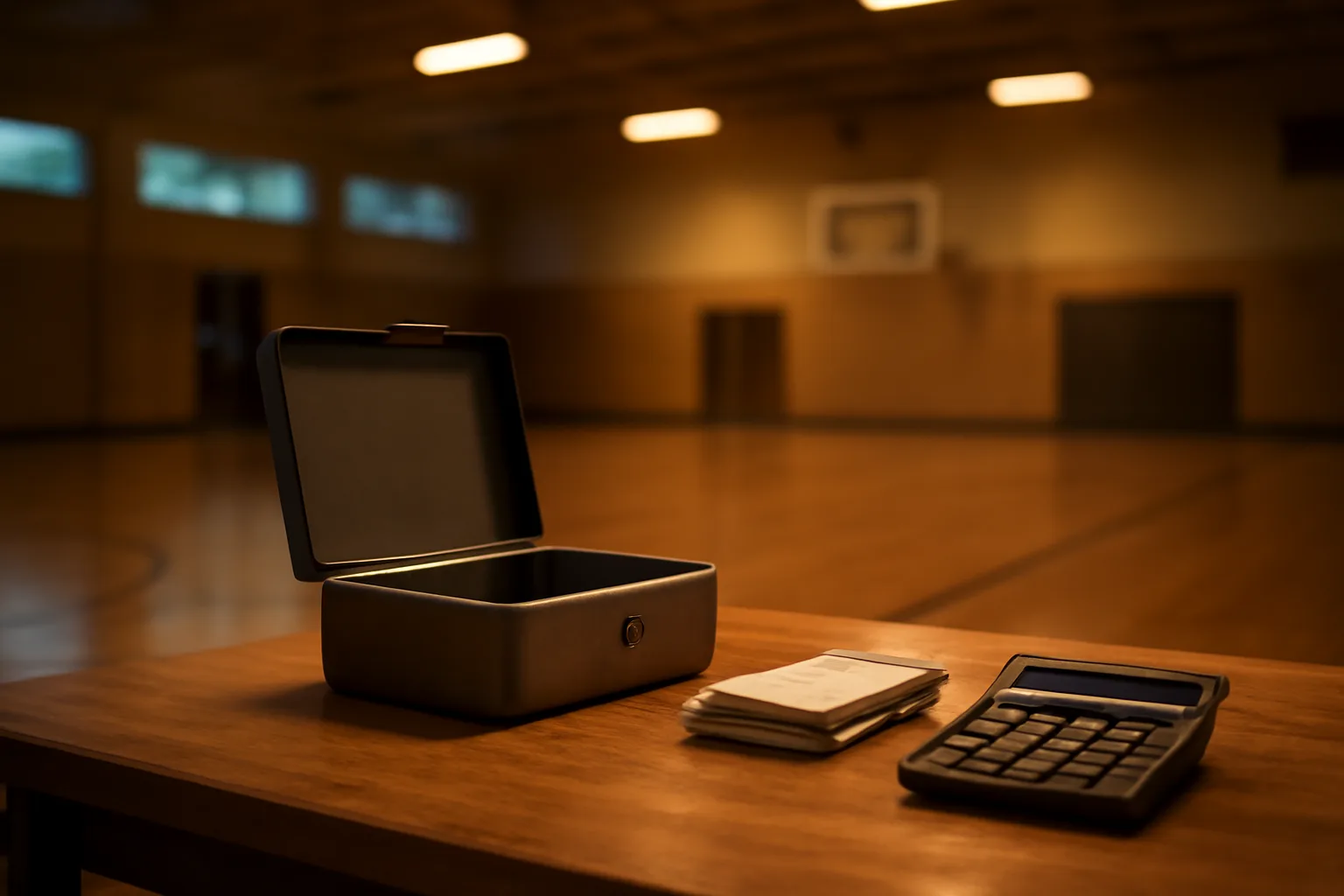 Cash box, receipts, and calculator on a table showing nonprofit treasurer duties in progress