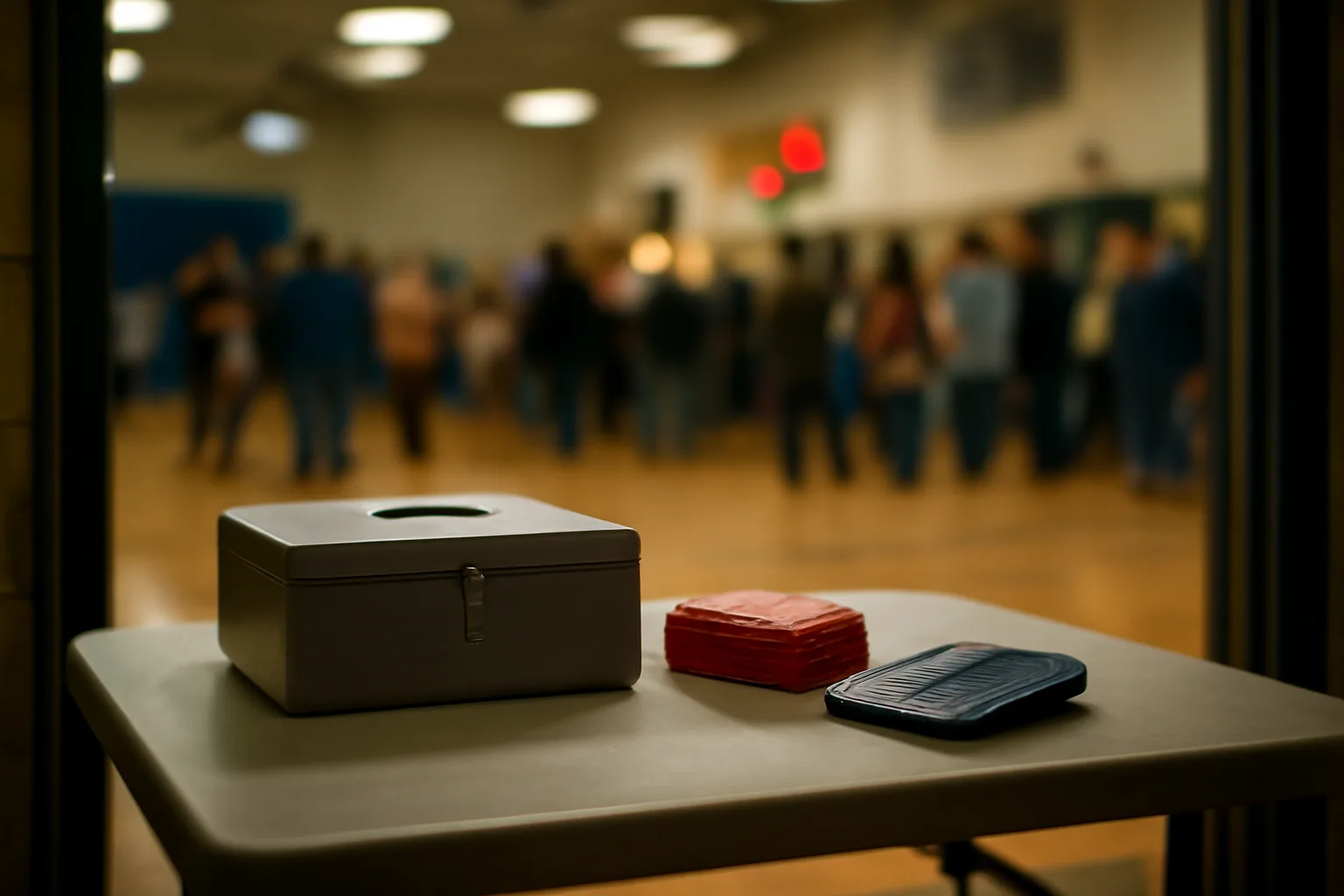 Treasurer's cash box and calculator on a folding table at a school fundraiser