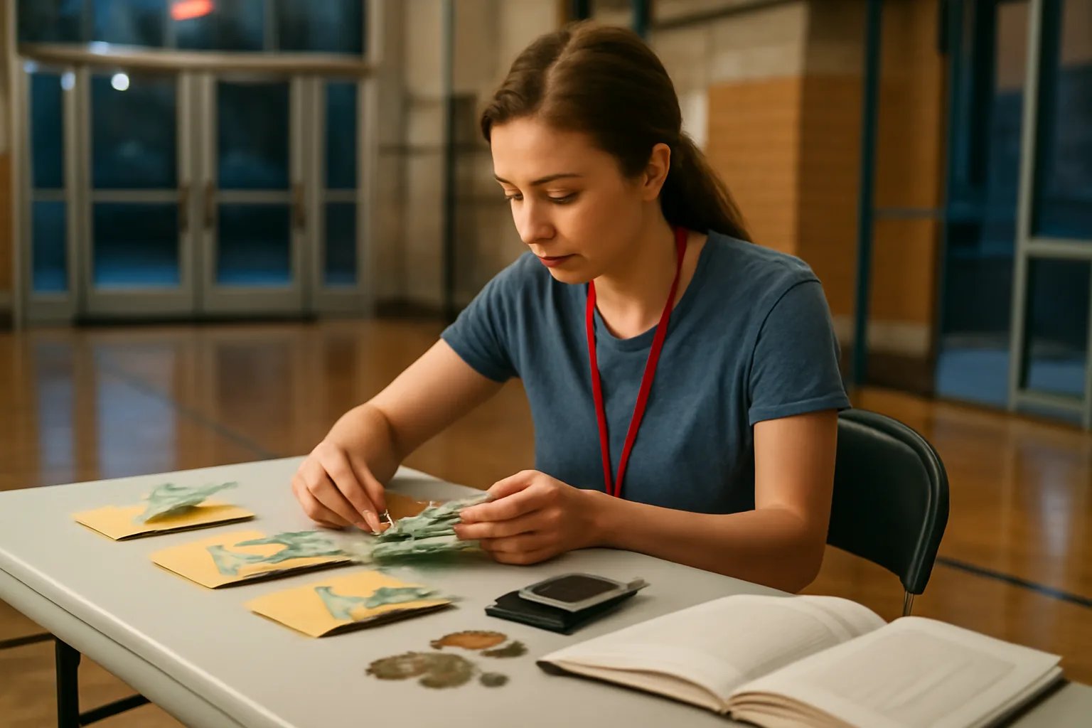 Volunteer treasurer sorting fundraiser cash into envelopes at a folding table