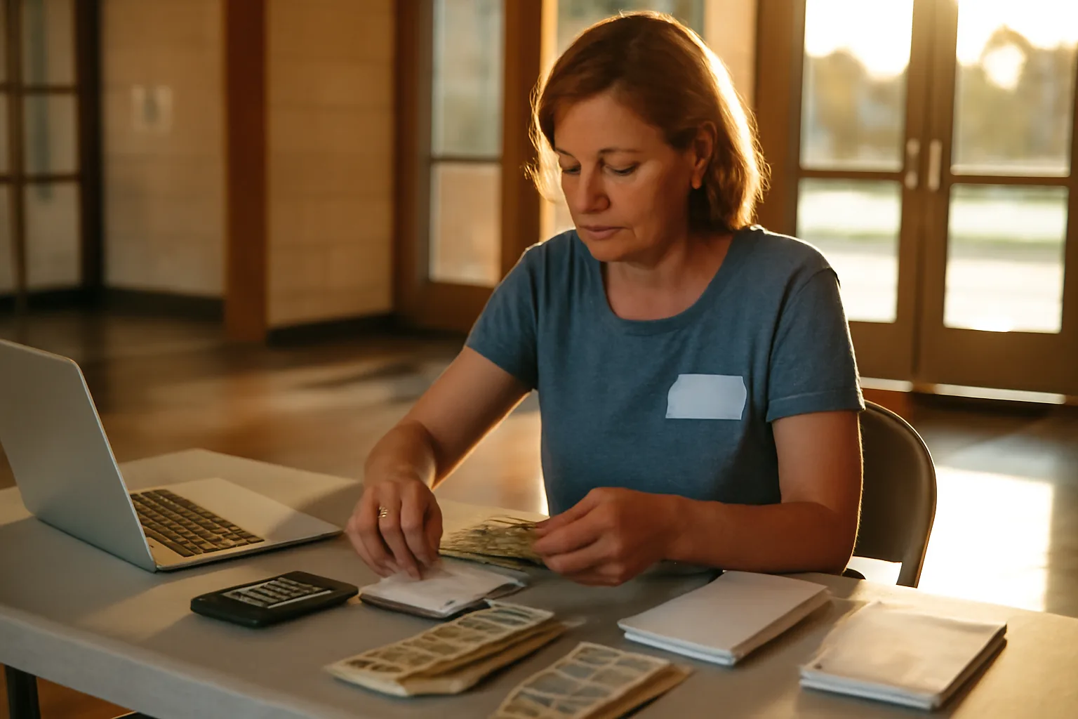 Volunteer treasurer sorting cash and checks at a table, illustrating the nonprofit treasurer job description
