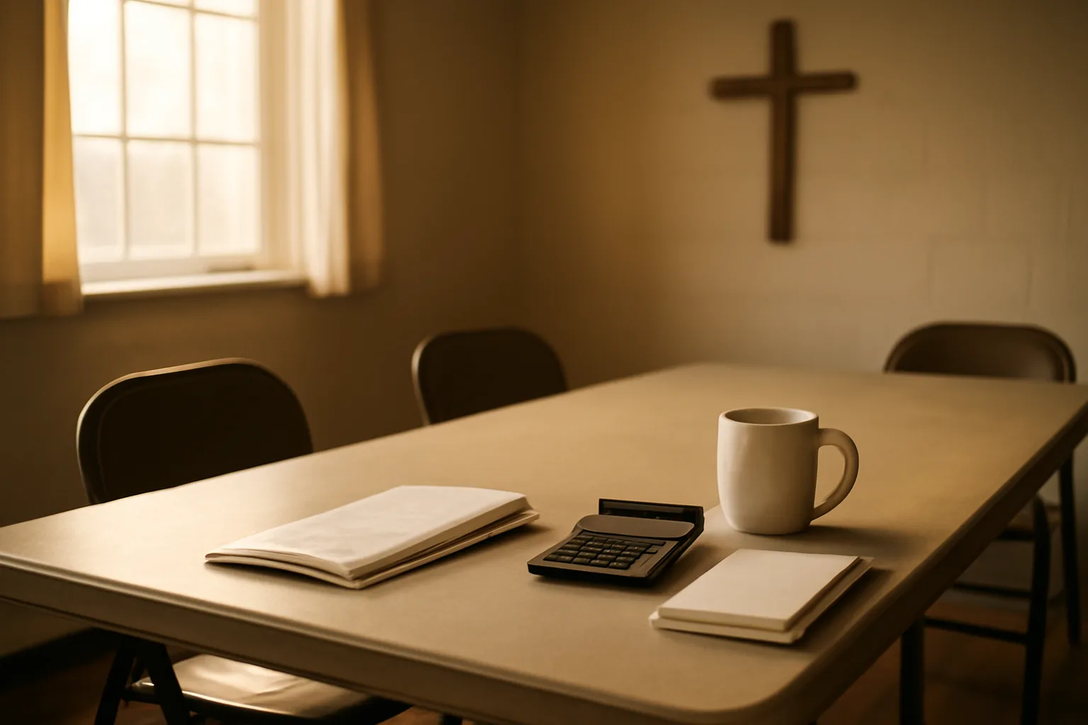 Folding table with ledger, calculator, and bank statements for a nonprofit treasurer report