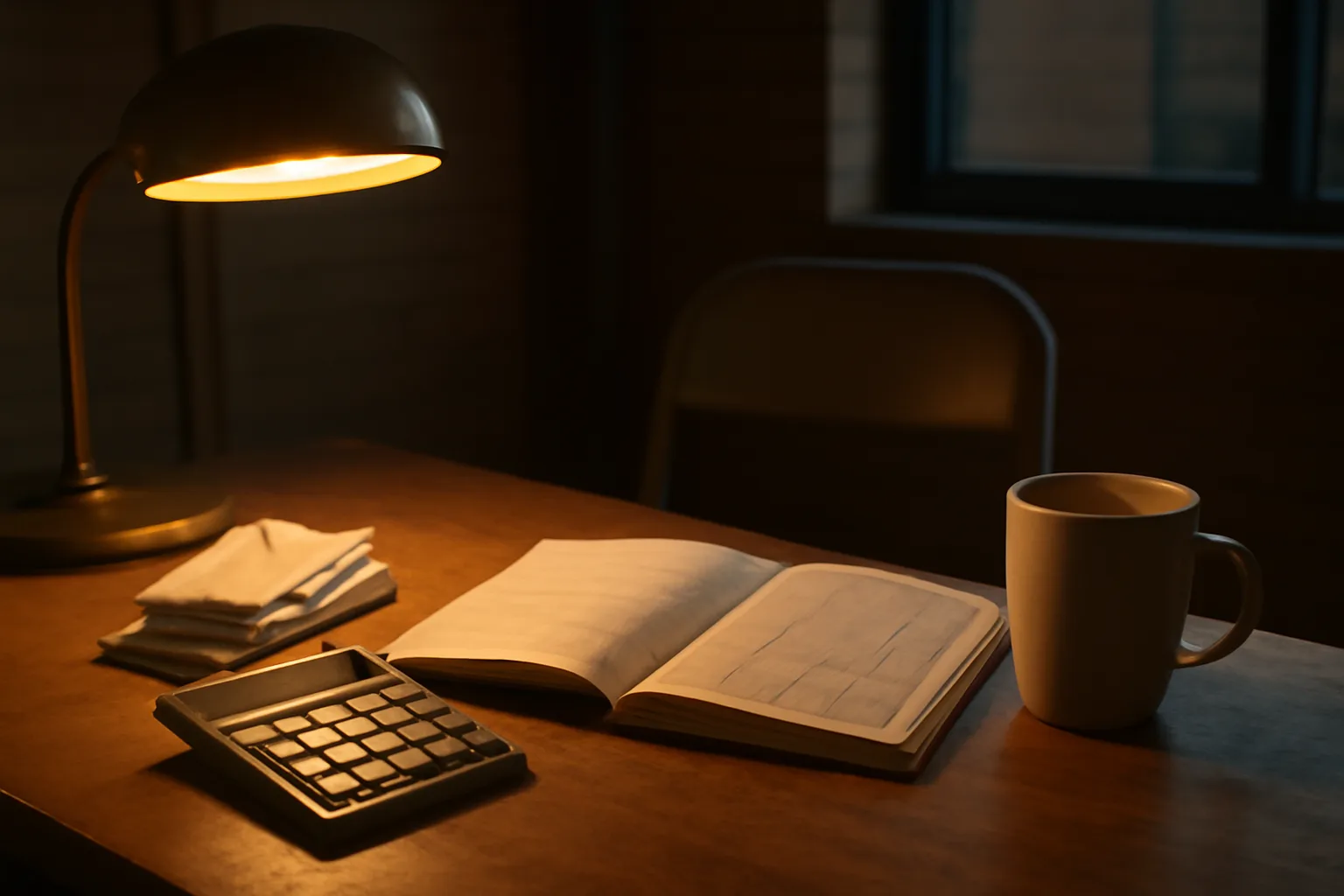 Volunteer treasurer's desk with ledger, calculator, and receipts under lamp light
