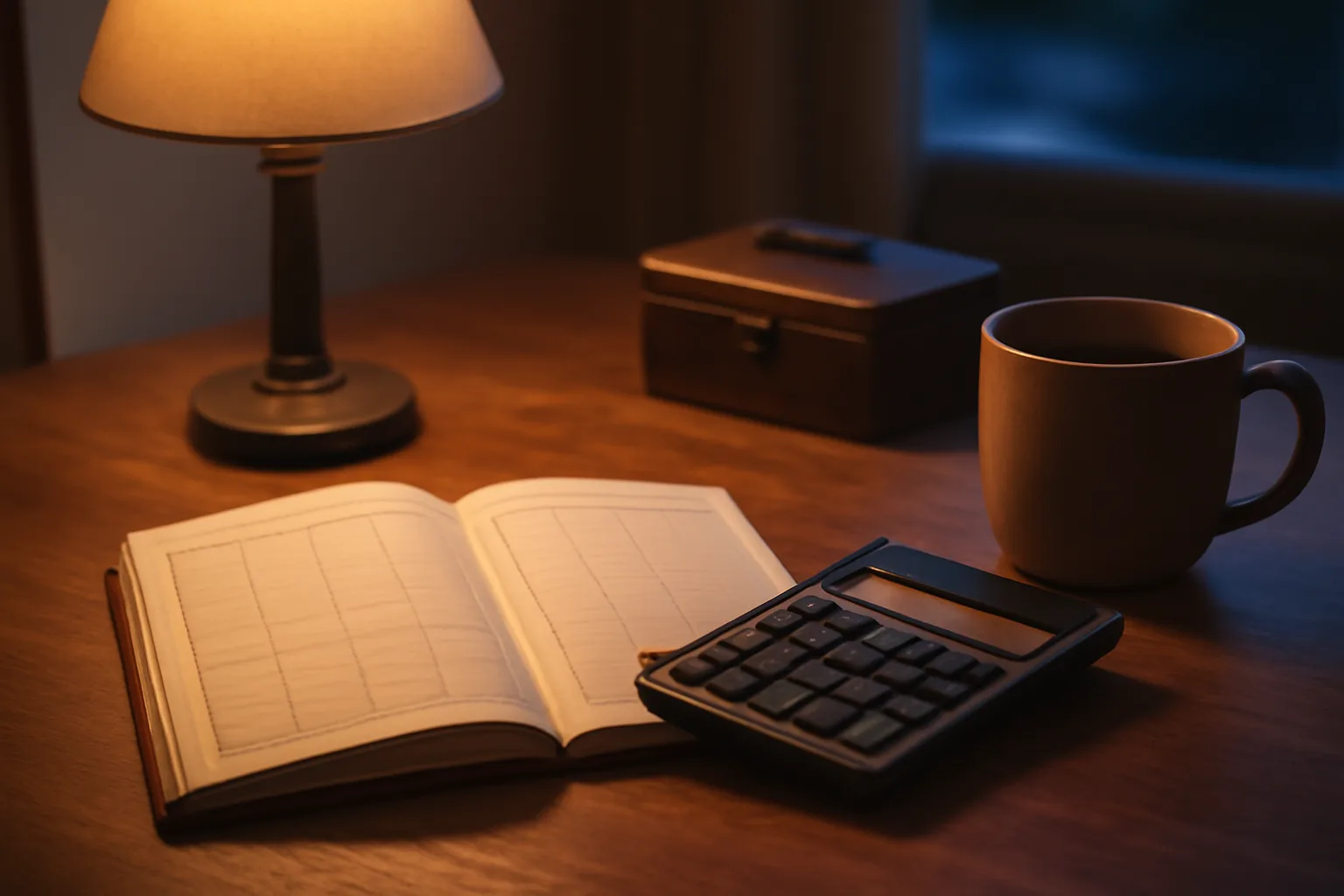 Desk scene with ledger, calculator, and cash box representing nonprofit treasurer salary and duties