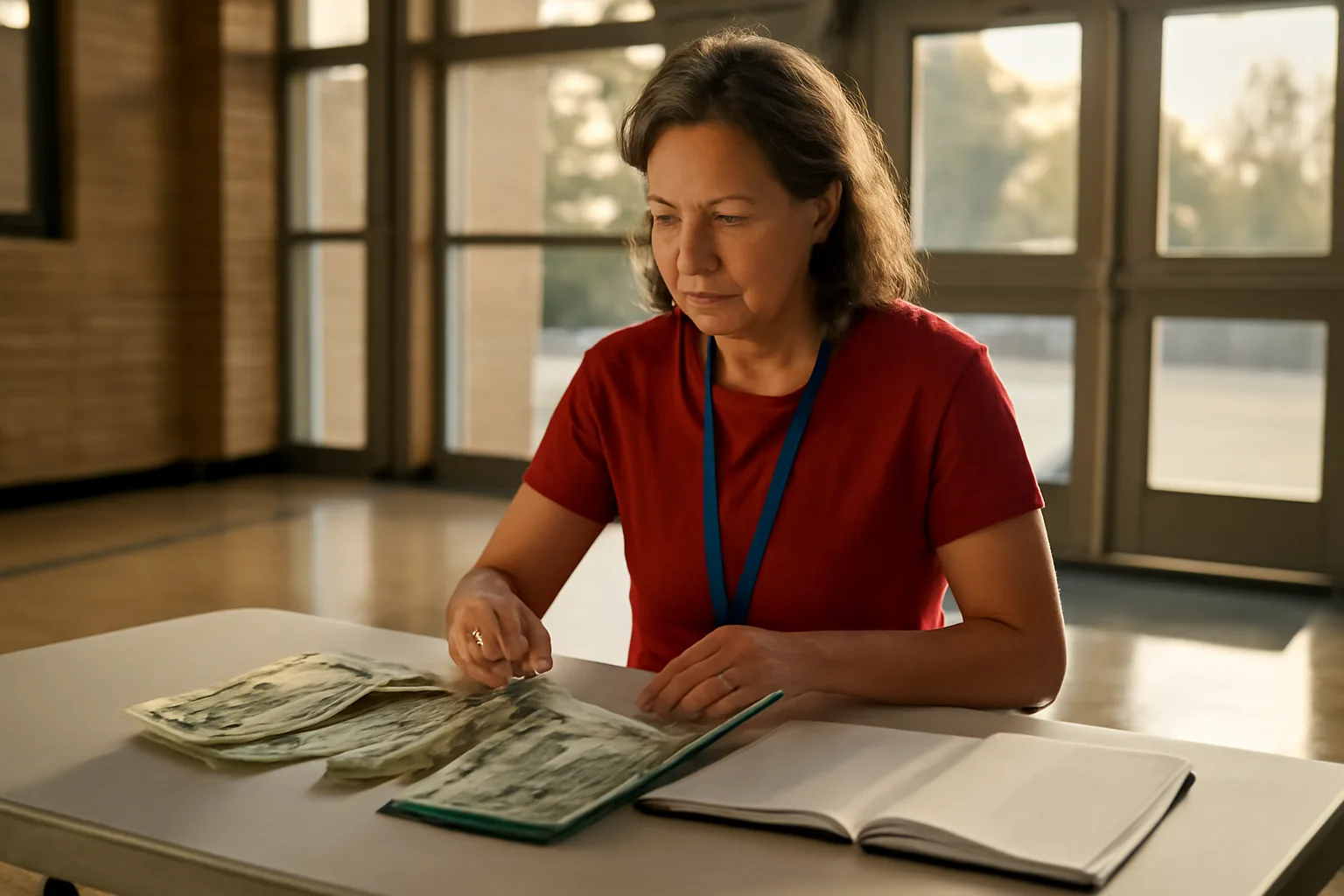 Volunteer treasurer organizing cash and a ledger at a folding table